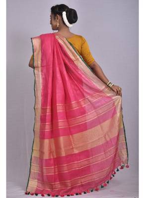 Handmade bhagalpuri linen saree with contrast border in dark pink shade with blouse piece 3