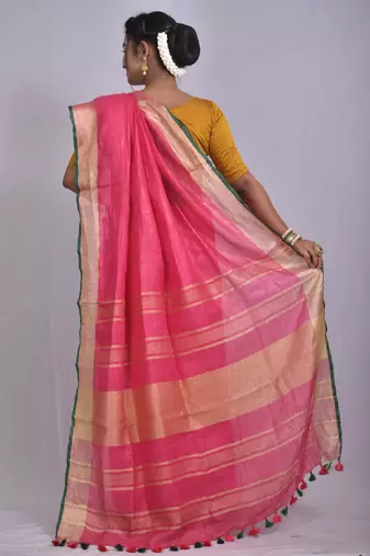 Handmade bhagalpuri linen saree with contrast border in dark pink shade with blouse piece