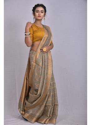 Handmade bhagalpuri linen saree with zari checks in grey shade with blouse piece 2