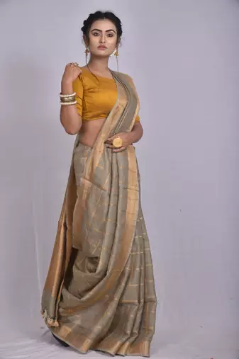 Handmade bhagalpuri linen saree with zari checks in grey shade with blouse piece