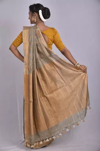 Handmade bhagalpuri linen saree with zari checks in grey shade with blouse piece