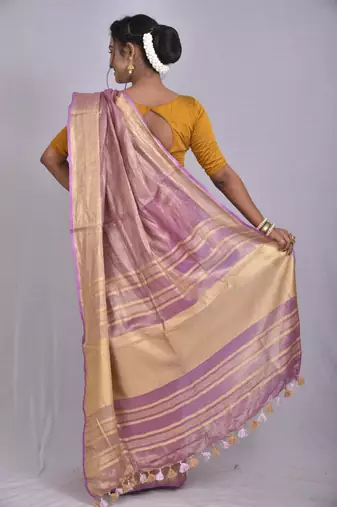 Handmade bhagalpuri tissue linen saree with contrast border in pink shade with blouse piece