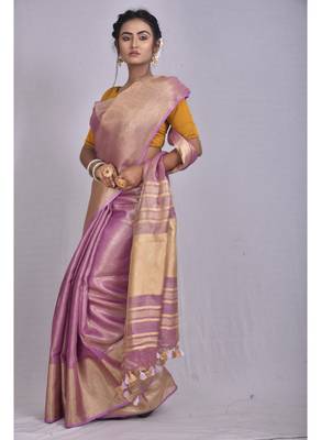 Handmade bhagalpuri tissue linen saree with contrast border in pink shade with blouse piece 4