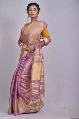 Handmade bhagalpuri tissue linen saree with contrast border in pink shade with blouse piece