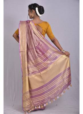 Handmade bhagalpuri tissue linen saree with contrast border in pink shade with blouse piece 5