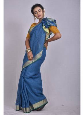 Handmade bhagalpuri linen saree with contrast border in blue shade with blouse piece 2