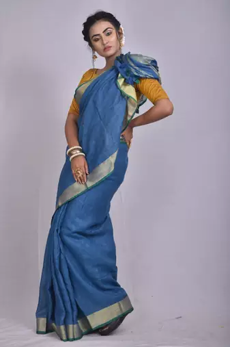 Handmade bhagalpuri linen saree with contrast border in blue shade with blouse piece