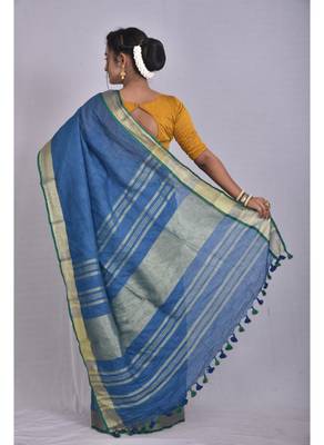 Handmade bhagalpuri linen saree with contrast border in blue shade with blouse piece 3