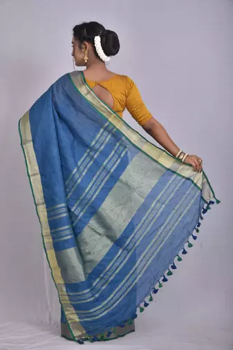 Handmade bhagalpuri linen saree with contrast border in blue shade with blouse piece