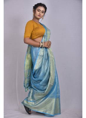 Handmade bhagalpuri tissue linen saree with contrast border in blue shade with blouse piece 2