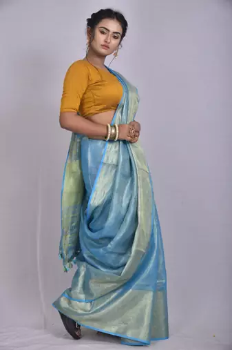 Handmade bhagalpuri tissue linen saree with contrast border in blue shade with blouse piece