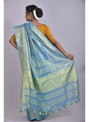 Handmade bhagalpuri tissue linen saree with contrast border in blue shade with blouse piece 3