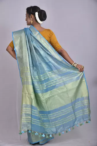 Handmade bhagalpuri tissue linen saree with contrast border in blue shade with blouse piece