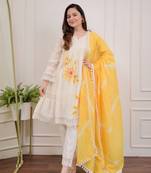 Jaipuri pure yellow cotton fabric party wear dress with dupatta set