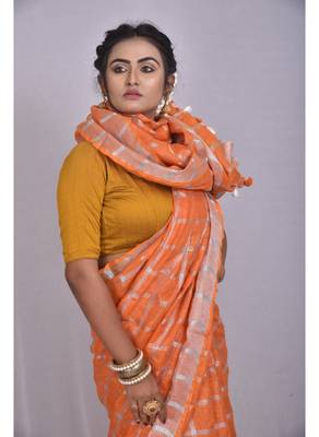 Handmade bhagalpuri linen saree with zari checks in orange shade with blouse piece 2