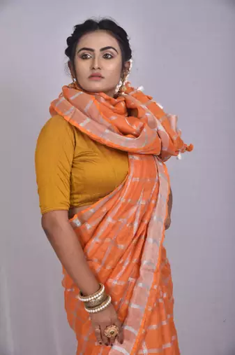 Handmade bhagalpuri linen saree with zari checks in orange shade with blouse piece