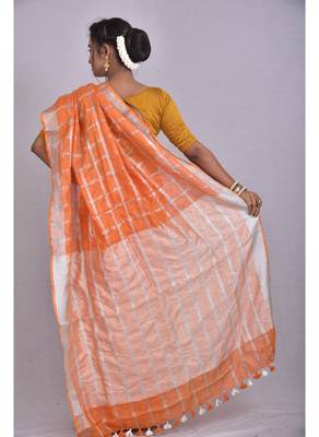 Handmade bhagalpuri linen saree with zari checks in orange shade with blouse piece 3