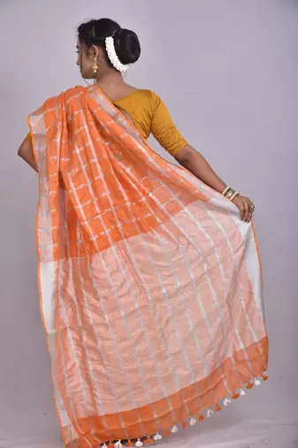 Handmade bhagalpuri linen saree with zari checks in orange shade with blouse piece