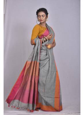 Handmade bhagalpuri linen saree with contrast border in grey shade with blouse piece 2