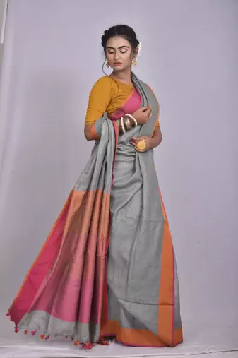 Handmade bhagalpuri linen saree with contrast border in grey shade with blouse piece