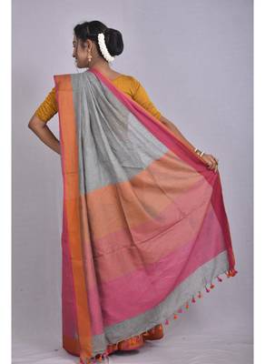 Handmade bhagalpuri linen saree with contrast border in grey shade with blouse piece 3
