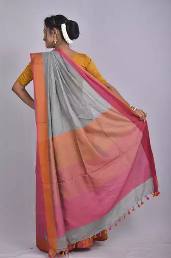 Handmade bhagalpuri linen saree with contrast border in grey shade with blouse piece