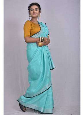Handmade bhagalpuri linen saree with contrast border in blue shade with blouse piece 2