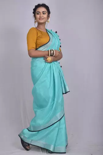 Handmade bhagalpuri linen saree with contrast border in blue shade with blouse piece