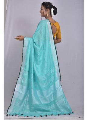 Handmade bhagalpuri linen saree with contrast border in blue shade with blouse piece 3