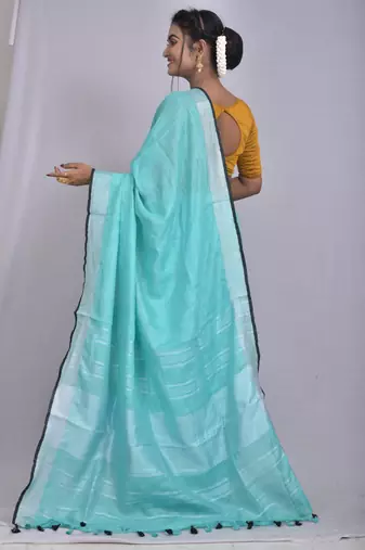 Handmade bhagalpuri linen saree with contrast border in blue shade with blouse piece