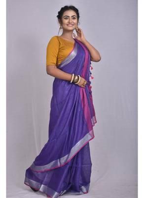 Handmade bhagalpuri linen saree with contrast border in purple shade with blouse piece 2