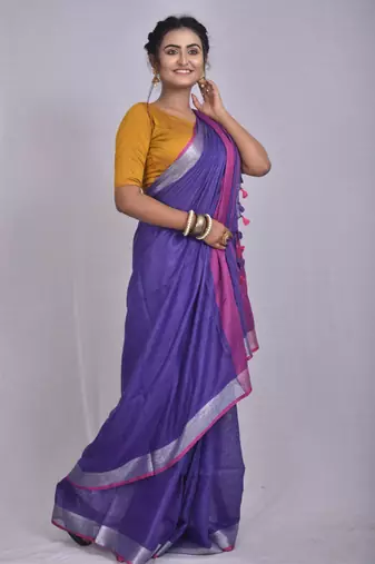 Handmade bhagalpuri linen saree with contrast border in purple shade with blouse piece