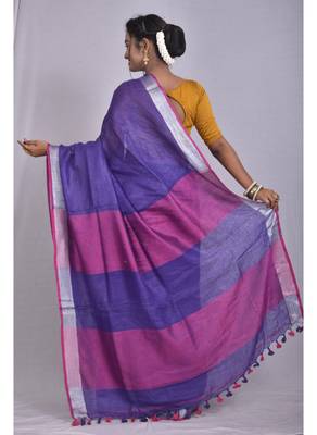 Handmade bhagalpuri linen saree with contrast border in purple shade with blouse piece 3