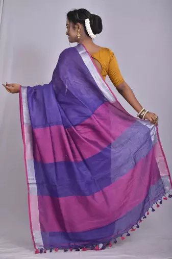 Handmade bhagalpuri linen saree with contrast border in purple shade with blouse piece
