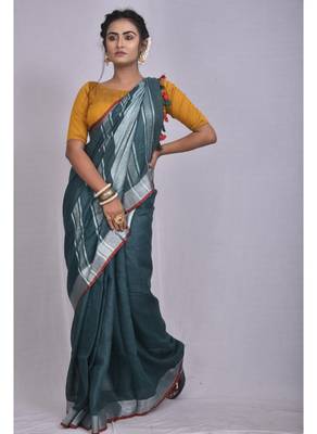 Handmade bhagalpuri linen saree with contrast border in dark green shade with blouse piece 2