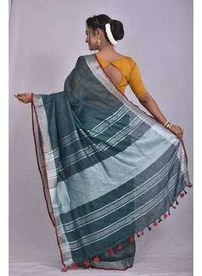 Handmade bhagalpuri linen saree with contrast border in dark green shade with blouse piece 3