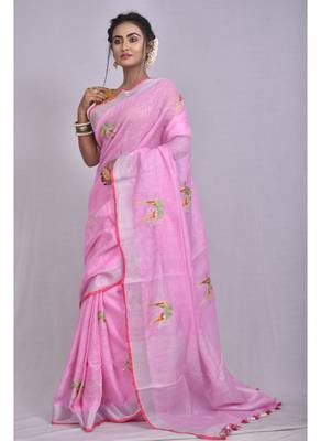 Handmade bhagalpuri embroidered linen saree in baby pink shade with blouse piece 2