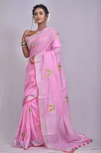 Handmade bhagalpuri embroidered linen saree in baby pink shade with blouse piece