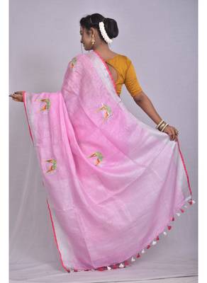 Handmade bhagalpuri embroidered linen saree in baby pink shade with blouse piece 3