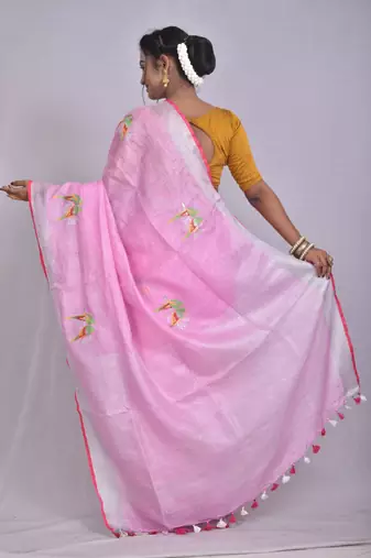 Handmade bhagalpuri embroidered linen saree in baby pink shade with blouse piece