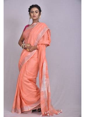 Handmade bhagalpuri linen saree with contrast border in light orange shade with blouse piece 2