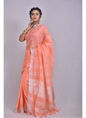 Handmade bhagalpuri linen saree with contrast border in light orange shade with blouse piece 3