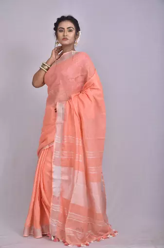Handmade bhagalpuri linen saree with contrast border in light orange shade with blouse piece