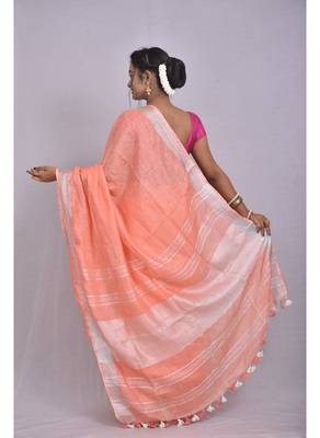 Handmade bhagalpuri linen saree with contrast border in light orange shade with blouse piece 4