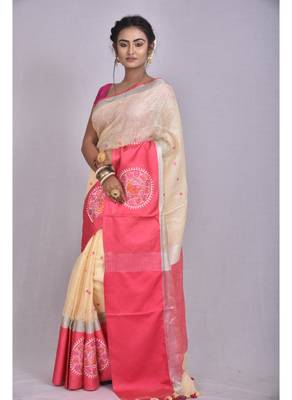 Handmade bhagalpuri embroidered linen saree with contrast border in beige shade with blouse piece 2