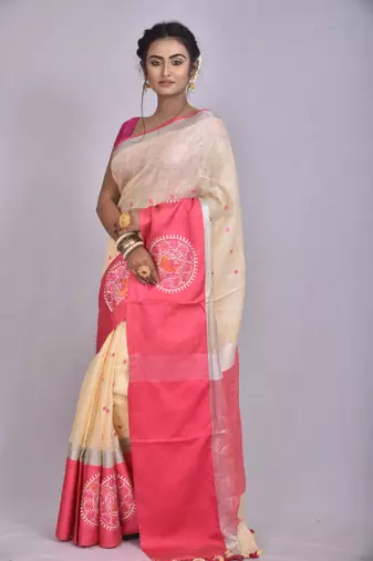 Handmade bhagalpuri embroidered linen saree with contrast border in beige shade with blouse piece