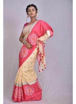 Handmade bhagalpuri embroidered linen saree with contrast border in beige shade with blouse piece 3