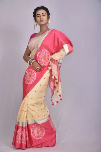 Handmade bhagalpuri embroidered linen saree with contrast border in beige shade with blouse piece