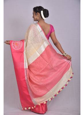 Handmade bhagalpuri embroidered linen saree with contrast border in beige shade with blouse piece 4