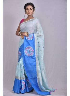 Handmade bhagalpuri embroidered linen saree with contrast border in blue shade with blouse piece 2